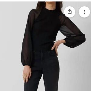 French Connection Black Ribbed Knit Sweater with Sheer Chiffon Sleeves